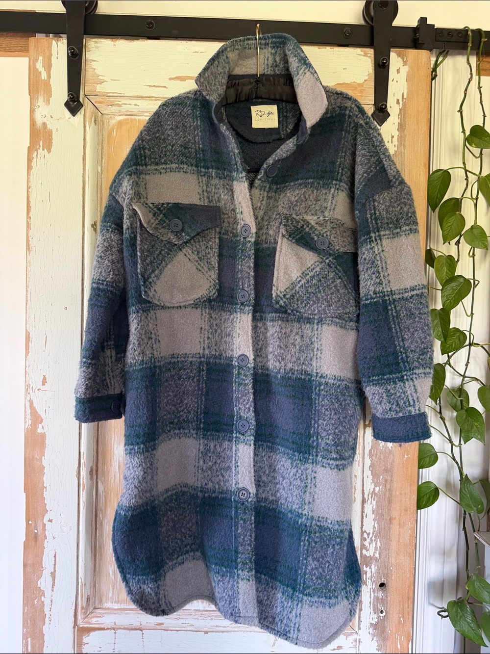 Rylee + Cru Gray & Green Plaid Teddy Shacket